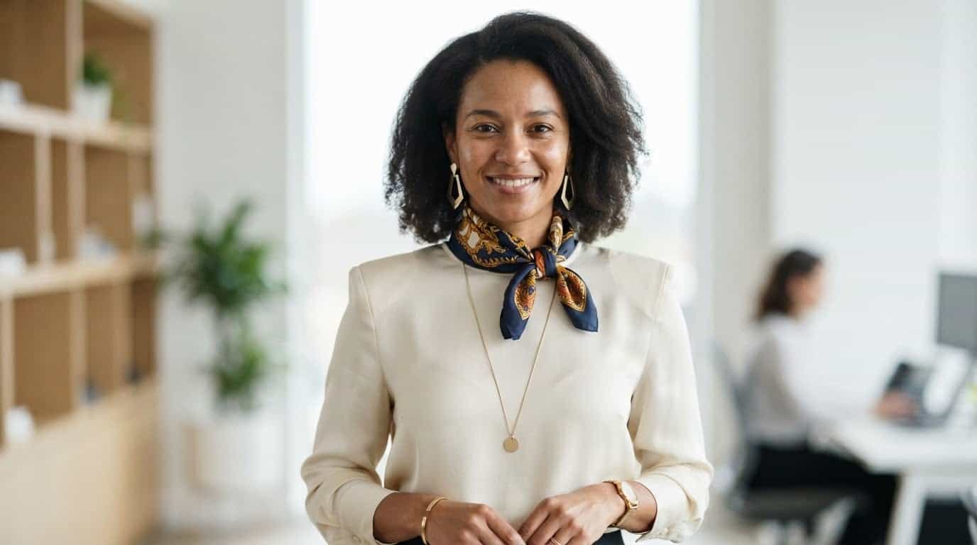 Long gold pendant necklace, knotted silk scarf and drop earrings styled over a cream blouse in an office