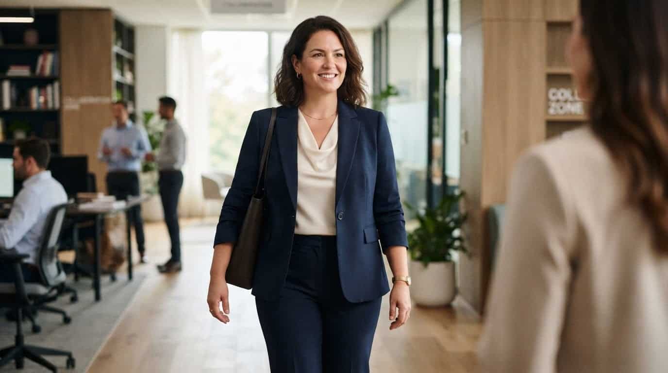 Navy single-button blazer skimming the midsection over a draped shell top and straight-leg trousers