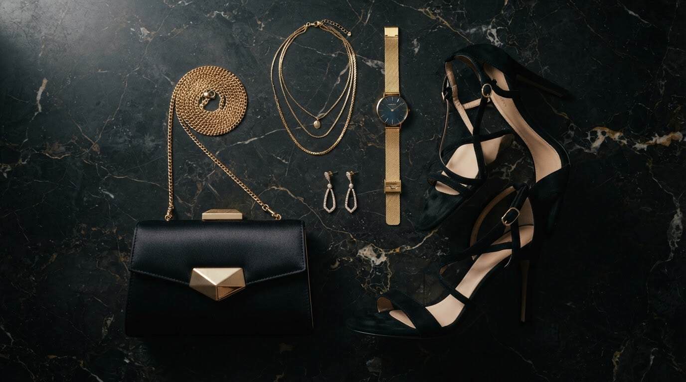 Flat-lay of a gold-clasp clutch, strappy heels and layered fine gold chains on dark marble
