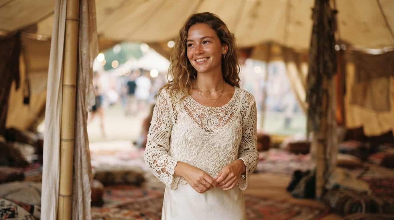 Cream crochet lace top layered over a silk slip dress in soft afternoon light inside a festival tent