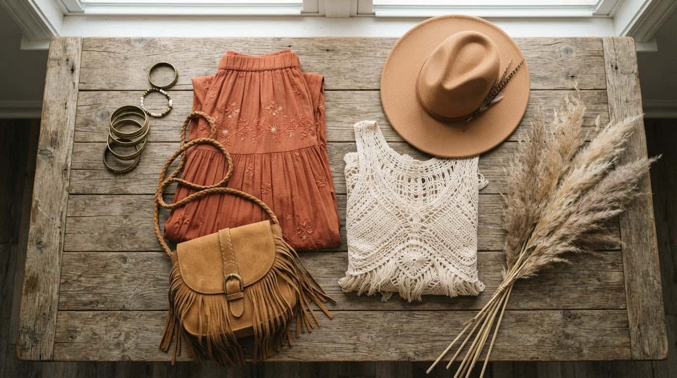 Flat-lay of boho festival pieces in a warm desert colour palette on weathered wood