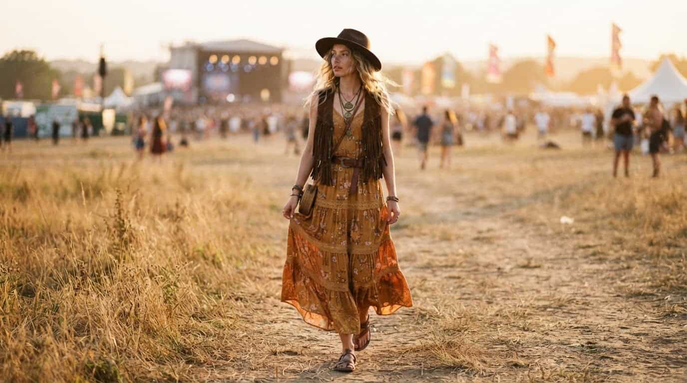 Woman in a tiered ochre bohemian maxi dress and wide-brim felt hat at an open-air festival at golden hour