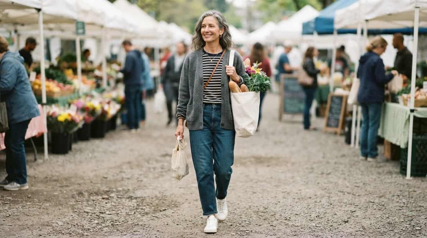 Woman in her forties at a farmers market in denim, Breton stripes, a grey cardigan and white sneakers