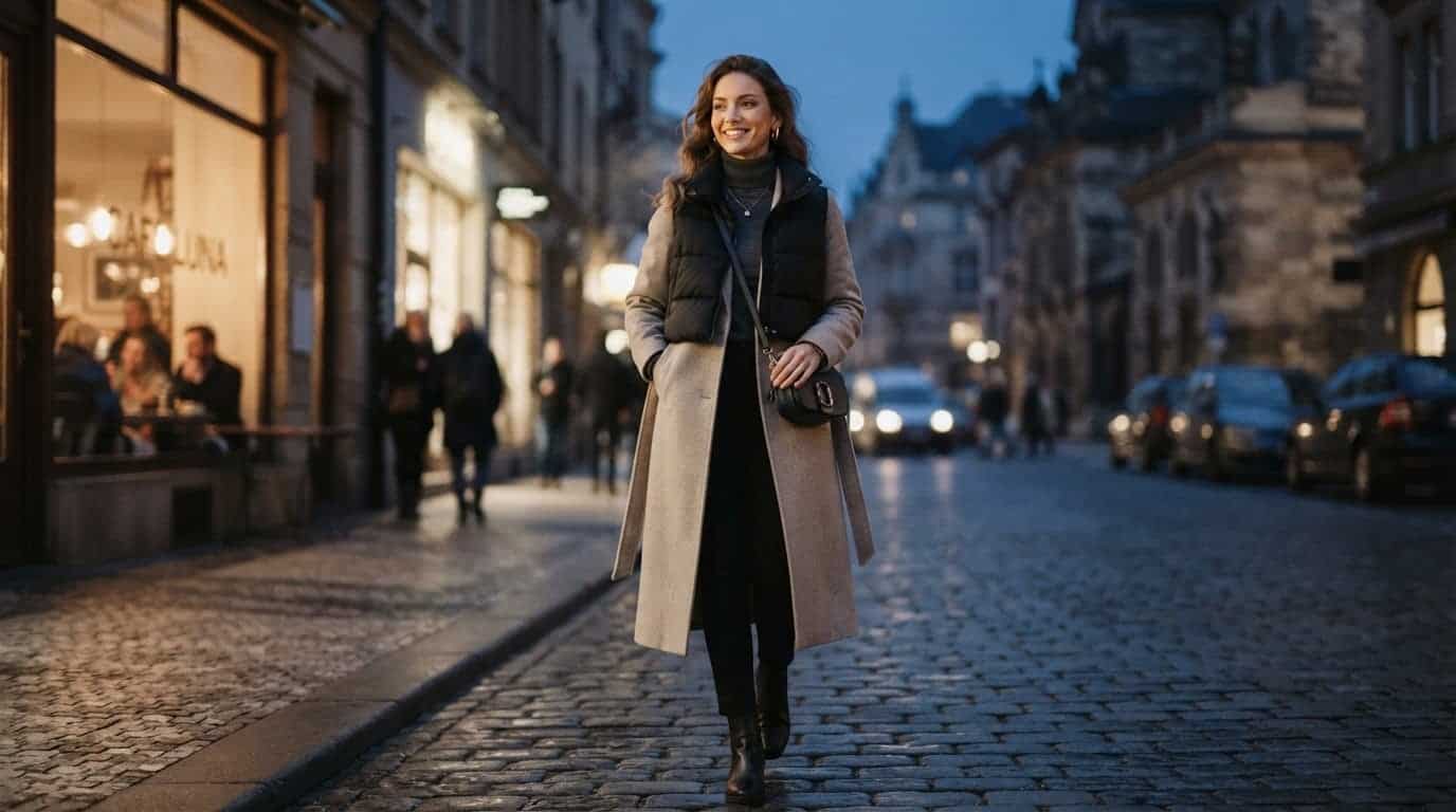 Merino roll-neck, quilted vest and open oatmeal wool coat on a winter street at blue hour