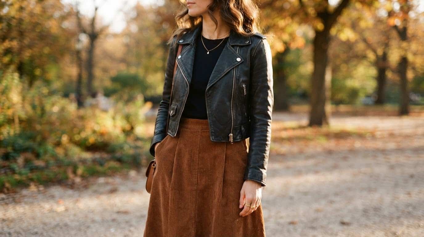 Brown corduroy midi skirt paired with a cropped black leather moto jacket in low autumn sun