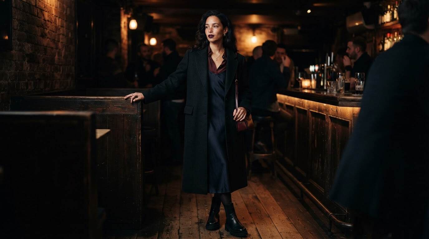 Tonal charcoal, oxblood and inky navy layering in a dimly lit underground bar