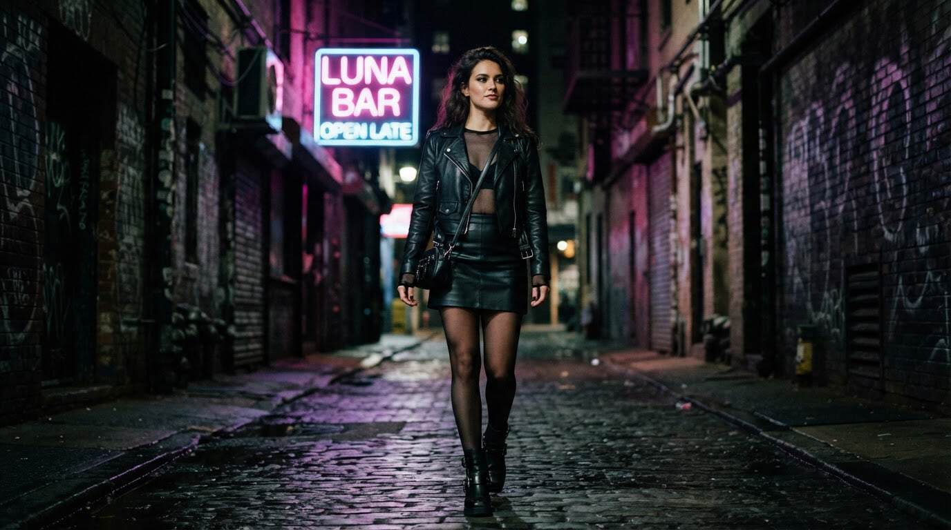 Black leather biker jacket over a sheer mesh top with a faux-leather mini skirt in neon alley light