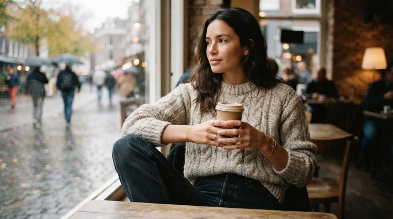 Oatmeal cable-knit sweater tucked into dark straight-leg denim by a cafe window on an autumn afternoon