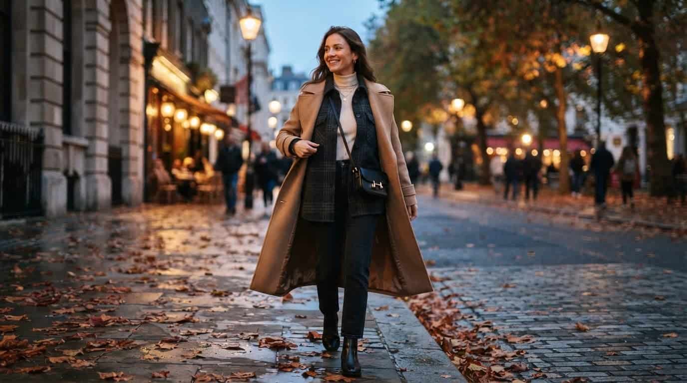 Woman layering a knit top, wool overshirt and open camel trench on an autumn street at dusk