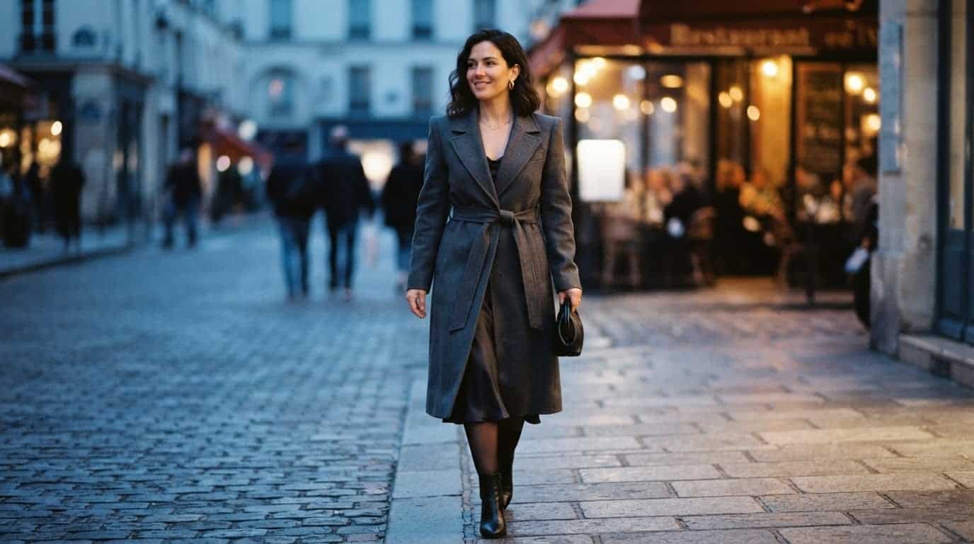 Belted charcoal wool wrap coat cinched at the waist over a slip dress