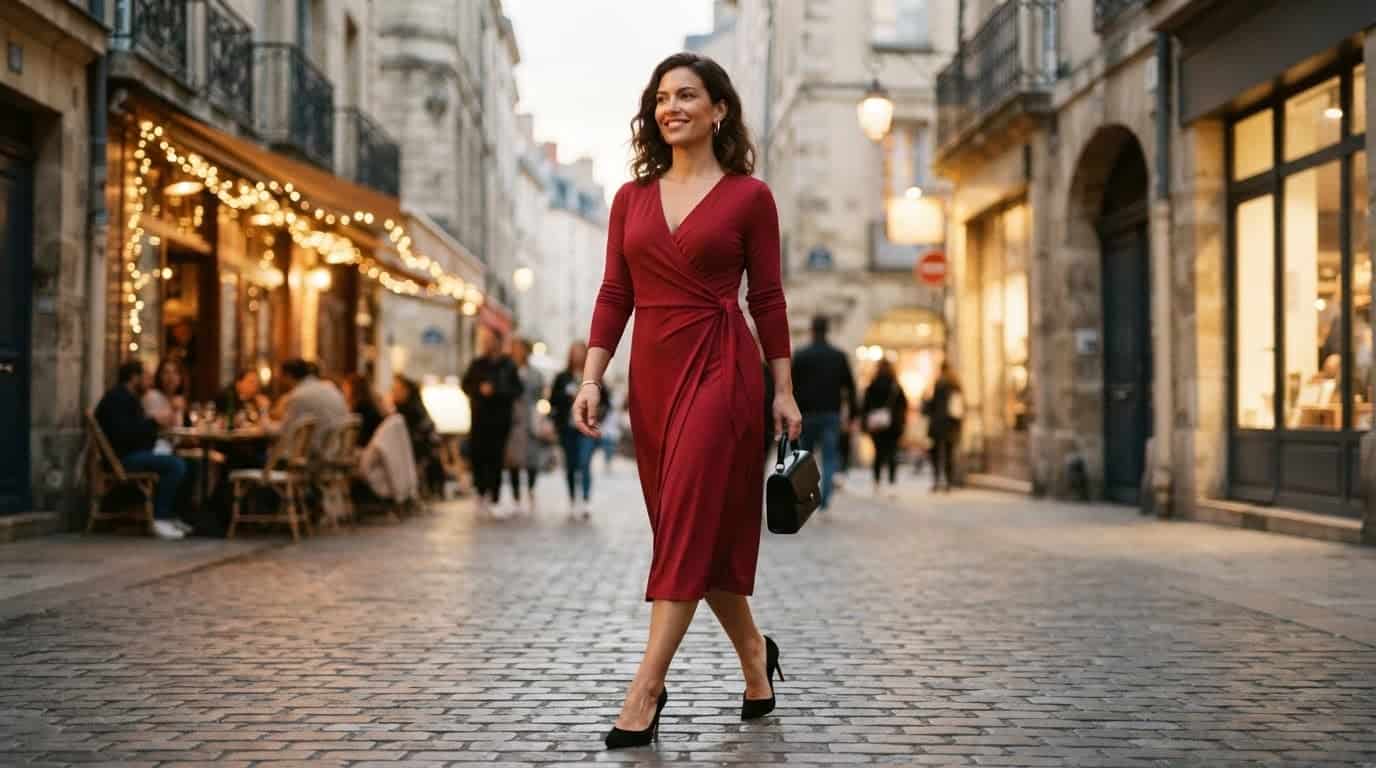 Deep ruby jersey wrap dress following the natural waist with a V neckline