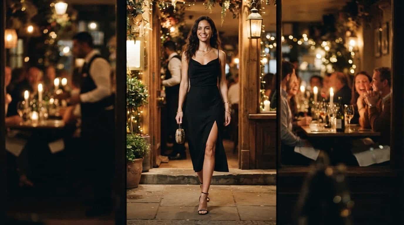 Matte black midi dress with a cowl neck and side slit at a warmly lit restaurant entrance
