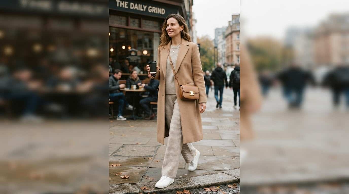 Oatmeal lounge set worn under a camel wool coat with white sneakers on a city pavement