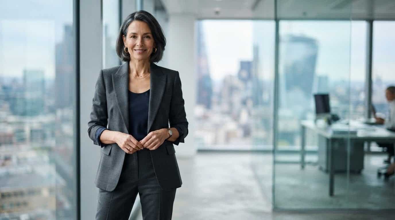 Woman in her forties in a tailored charcoal trouser suit in a glass-walled office