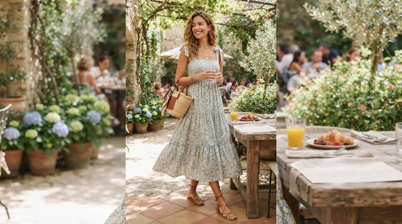 Ditsy floral cotton sundress with tan sandals and a straw basket bag on a sunlit garden terrace