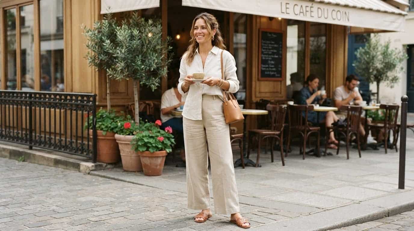 Oyster linen shirt half-tucked into wide-leg sand linen trousers outside a bright cafe