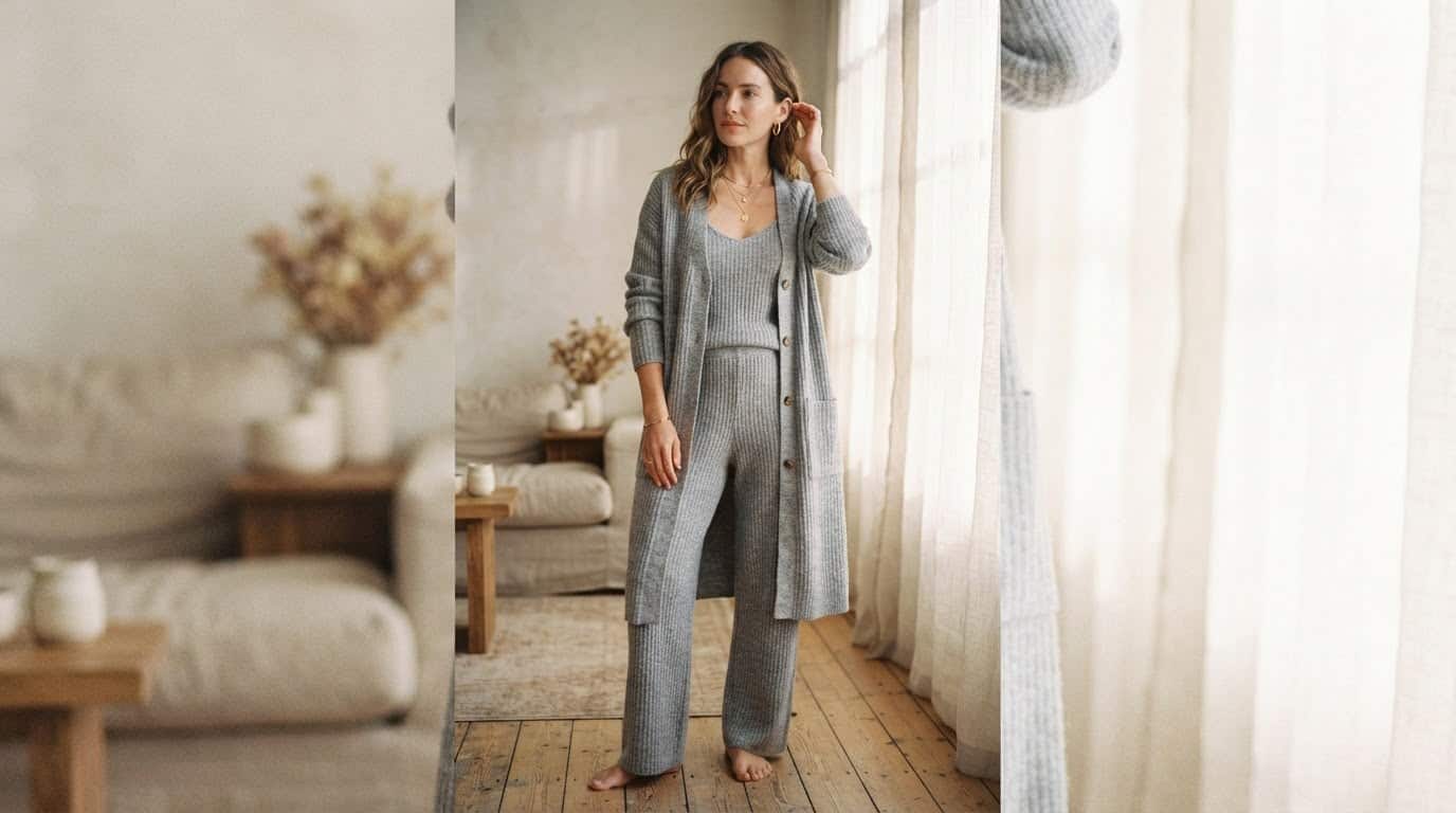 Heather-grey ribbed knit lounge set with a longline open cardigan in a bright apartment