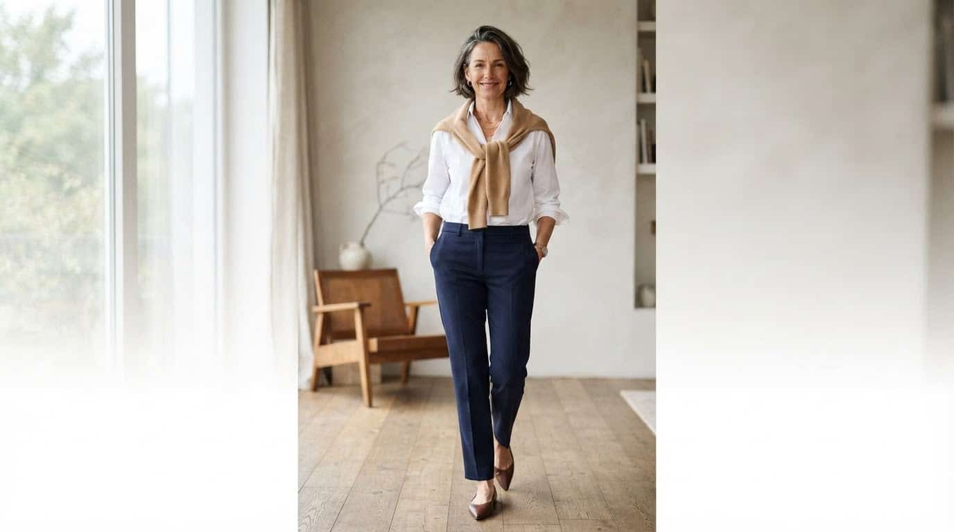 Woman in her forties wearing a crisp white shirt, navy tailored trousers and a camel knit
