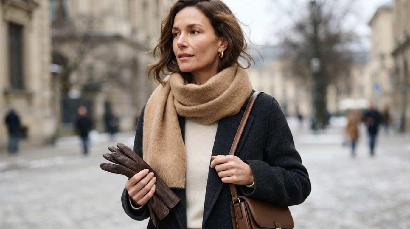 Camel cashmere scarf, fine leather gloves and a structured crossbody bag styled together