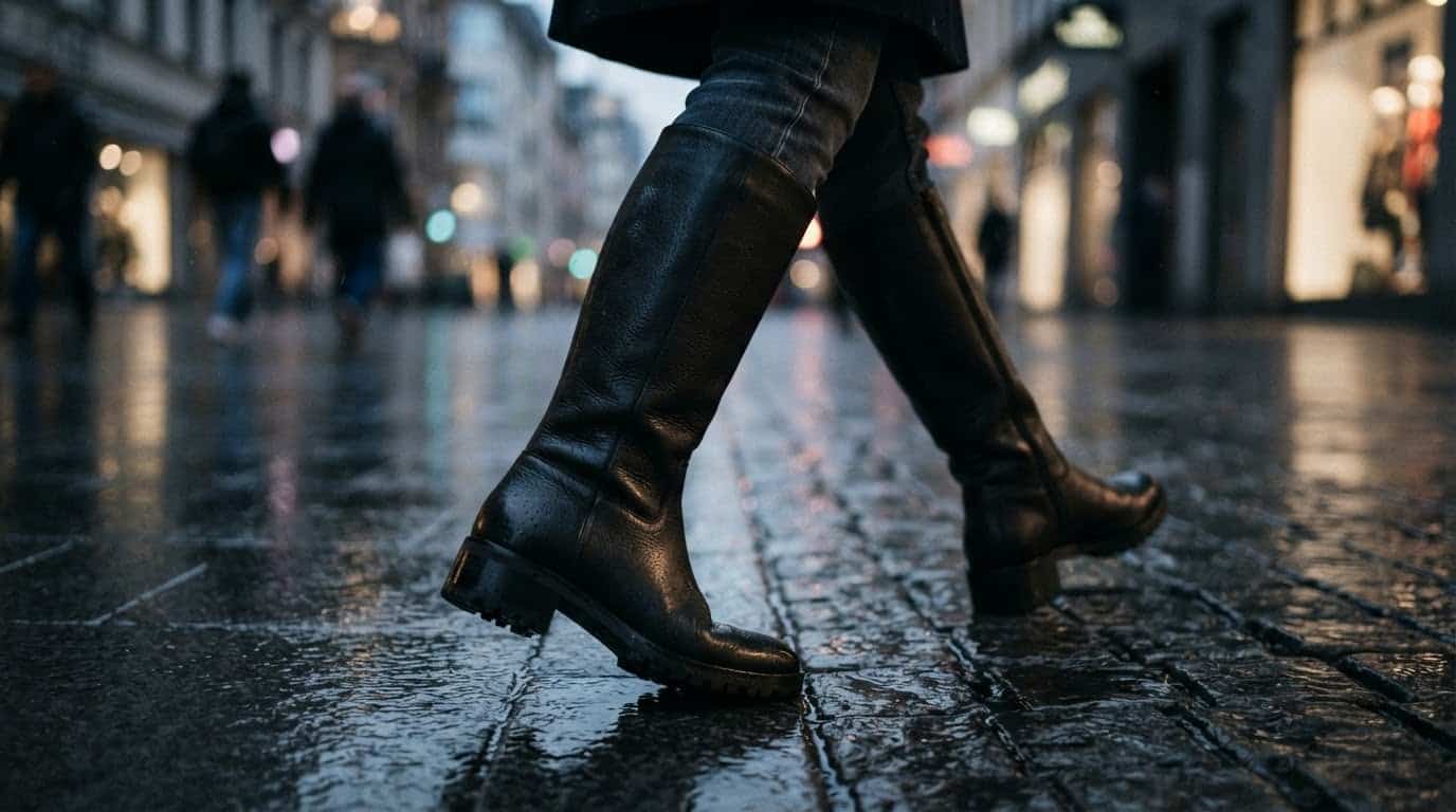 Black leather knee-high boots with a lugged grippy sole on a wet winter pavement